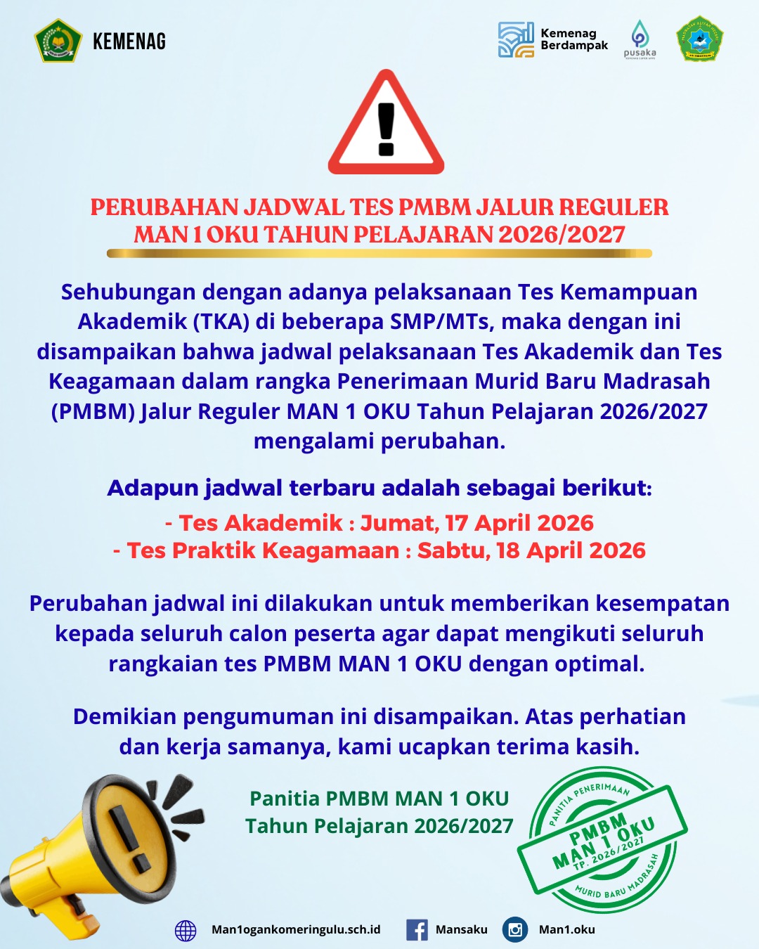 Perubahan Jadwal Tes PMBM